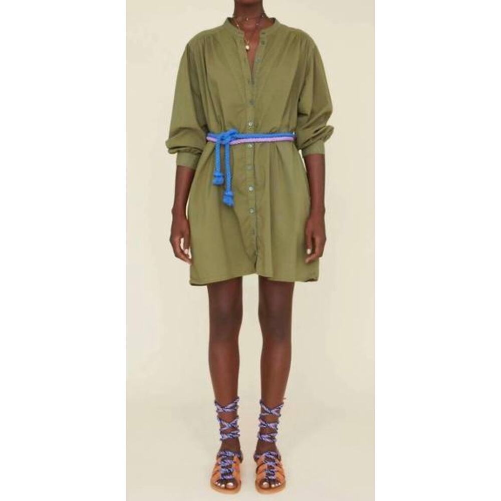 Xirena Olive Green Cotton Shirt Dress Button Front Tunic Mini Size S